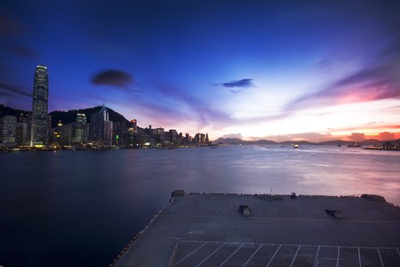 Hong Kong cityscape in sunset and dockの写真素材