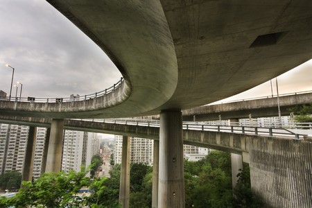 Modern Urban City with Freeway Traffic bridge at day, hong kong の写真素材