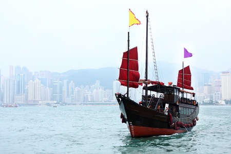junk boat in Hong kong at dayの写真素材