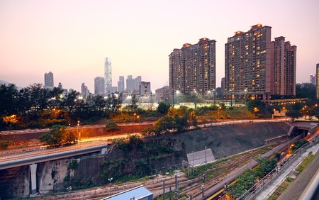 sunset in downtown cityのeditorial素材