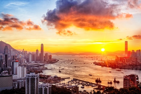 sunset in hong kong city の写真素材