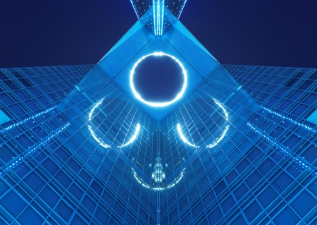 office building at night in blueの写真素材