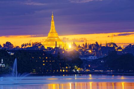 Shwedagon Pagoda at night , Myanmar Yangon landmarkの写真素材