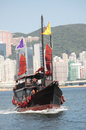 Hong Kong junk boat at dayの写真素材