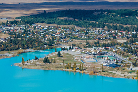 Aerial view of Lake Tekapo from Mount John Observatory in Canterbury, New Zealandの写真素材