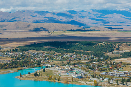 Aerial view of Lake Tekapo from Mount John Observatory in Canterbury, New Zealandの写真素材