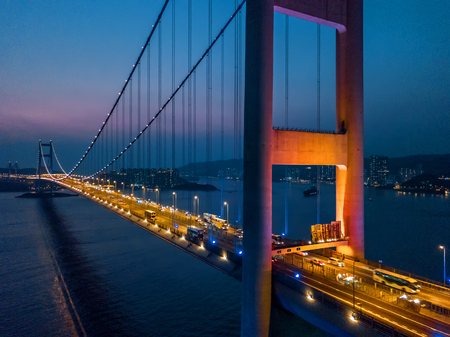 Tsing Ma Bridge at sunset in Hong Kong. Drone Shootのeditorial素材