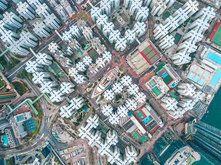 Top view aerial photo from flying drone of a HongKong Global City with development buildings, transportation, energy power infrastructure. Financial and business centers in developed China townのeditorial素材