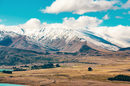 Southern Alps and Lake Tekapo, view from Mount John, Mackenzie Country, New Zealandの写真素材