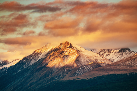 Snowcapped Mt. Cook Peak during Sunset in Mt. Cook National Park, magnificent rugged mountain with snow and ice, South Island, New Zealandの写真素材