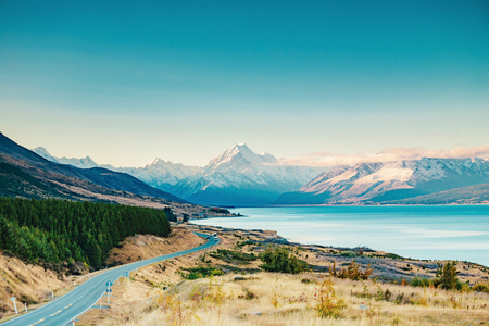 Road to Mt Cook, the highest mountain in New Zealand. Scenic highway drive along Lake Pukaki in Aoraki Mt Cook National Park, South Island of New Zealand.の写真素材