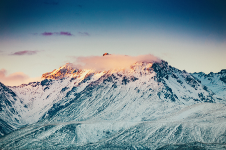 Snowcapped Mt. Cook Peak during Sunset in Mt. Cook National Park, magnificent rugged mountain with snow and ice, South Island, New Zealandの写真素材