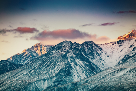 Snowcapped Mt. Cook Peak during Sunset in Mt. Cook National Park, magnificent rugged mountain with snow and ice, South Island, New Zealandの写真素材