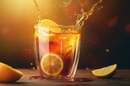 Glass of tasty ice tea with lemon on wooden table against blurred background.の素材