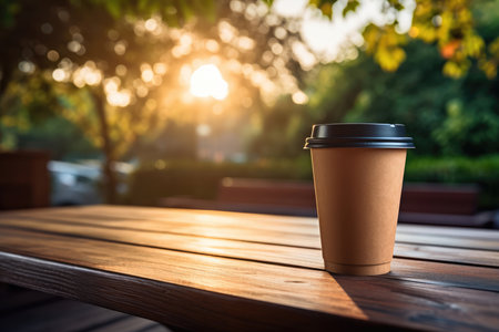 Coffee cup on wooden table in coffee shop with sunset.の素材