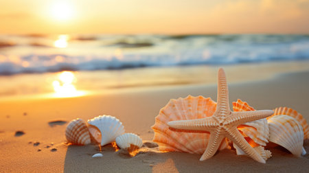 Starfish and seashells on a sandy beach at sunset.の素材