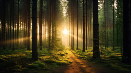 Sunset in the pine forest with path to the forest floor.の素材