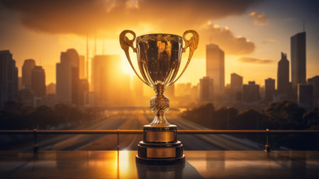 Golden trophy cup on the bridge with cityscape background, winner conceptの素材