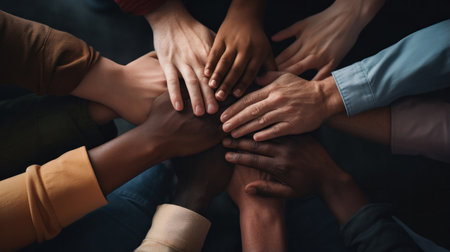 Top view of multiethnic group of young people holding hands together on dark backgroundの素材