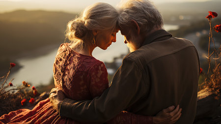 Beautiful senior couple in love hugging and kissing at sunset in the mountainsの素材