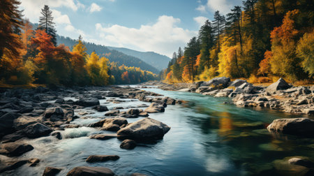 Mountain river in the autumn forest. Beautiful landscape with a mountain river.の素材