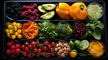 Healthy food selection in a black box with fruits and vegetables.の素材