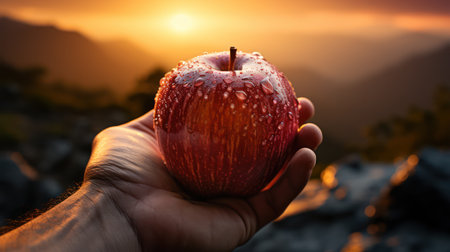 Red apple in hand on the background of the mountains at sunset.の素材