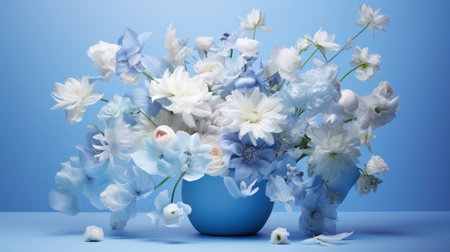 Bouquet of blue and white flowers in vase on blue backgroundの素材