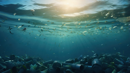 Underwater view of the ocean with plastic trash and sunbeamsの素材