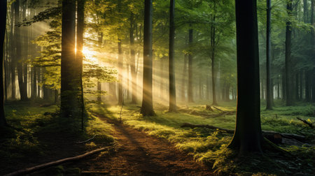Morning in the forest with sunbeams and rays of light passing through the treesの素材