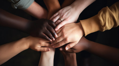 Group of multiethnic young people holding hands together in a circleの素材