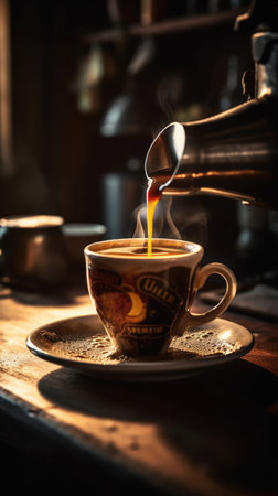 Coffee beans in a white bowl, coffee grinder and jar of honey on a wooden tableの素材