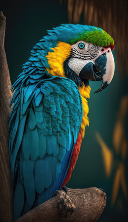 Colorful macaw parrot sitting on a tree branch over dark backgroundの素材