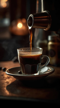 Espresso pouring into a cup of coffee, close-upの素材