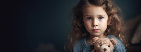 portrait of cute little girl with teddy bear on dark backgroundの素材