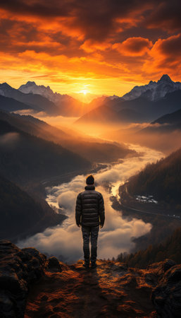 Man standing on the edge of the cliff and looking at the sunrise. Adventurous explorer on a mountain peak at breathtaking sunset landscapeの素材