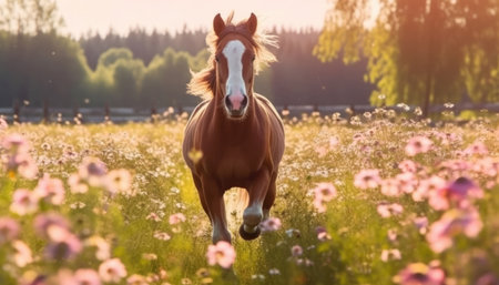 Horse running in the meadow with pink flowers at sunset.の素材