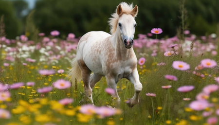 Palomino horse running on the flower meadow with pink flowersの素材