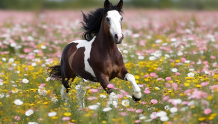 Beautiful bay horse galloping in a meadow full of flowersの素材