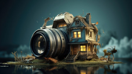 Photography concept. Photo camera and old house.の素材