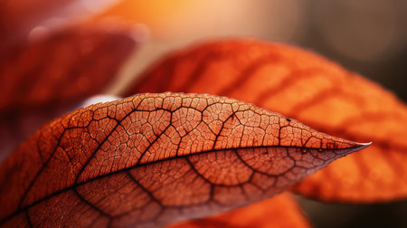 Close up of autumn leaf with sunlight in the morning. Natural background.の素材
