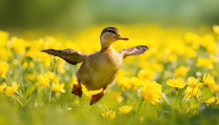 Duck in the spring on a meadow full of yellow flowersの素材