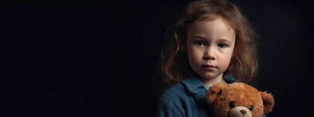 Portrait of a little girl with a teddy bear on a dark backgroundの素材