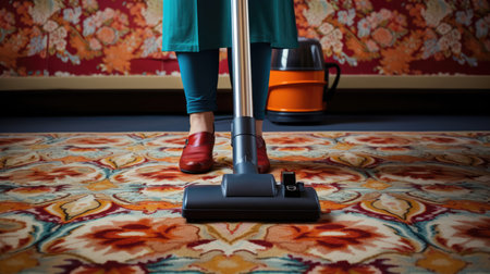 Woman cleaning carpet with vacuum cleaner. Housework and housekeeping concept.の素材