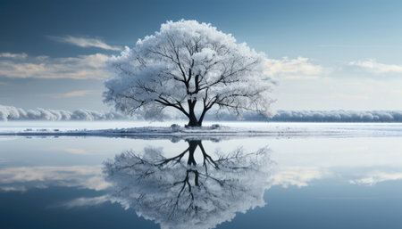 Winter landscape with frozen tree and reflection in water. 3d renderの素材