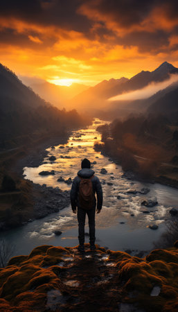 Man with backpack standing on the edge of a mountain river and looking at the sunset. Adventurous explorer on a mountain peak at breathtaking sunset landscapeの素材