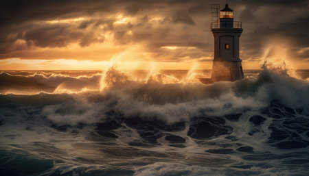 Beautiful seascape with stormy waves and lighthouse at sunsetの素材