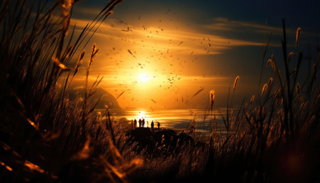Solitary man's silhouette by the lake, embracing the tranquil sunsetの素材