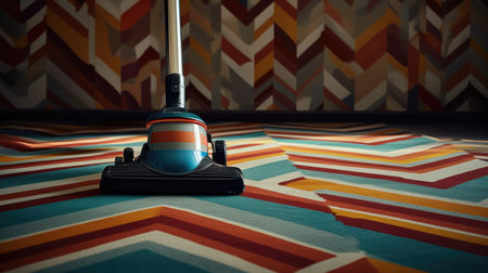 Vacuum cleaner on the carpet with colorful geometric pattern background.の素材