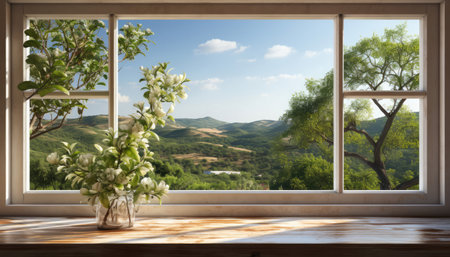 View from the window to the mountains and flowers in a vaseの素材